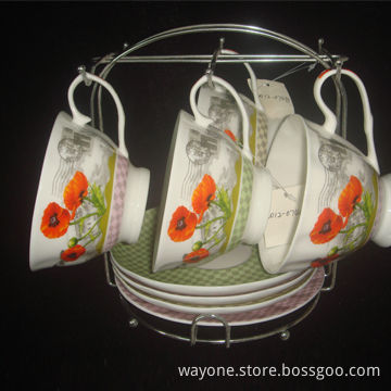 220cc Poppy Motif Tea Cup and Saucer Set with Metal Stand, Ideal for Gifts and Promotional Purposes